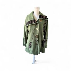 Elegant Olive Women's Swing Wool Jacket with Patterned Details XL